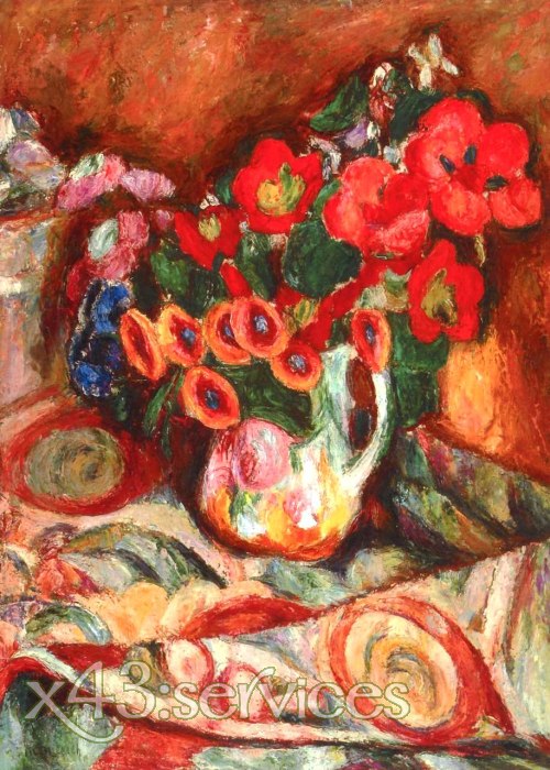 Abraham Manievich - Blumen auf einem gemusterten Tischdecke - Flowers on a Patterned Tablecloth